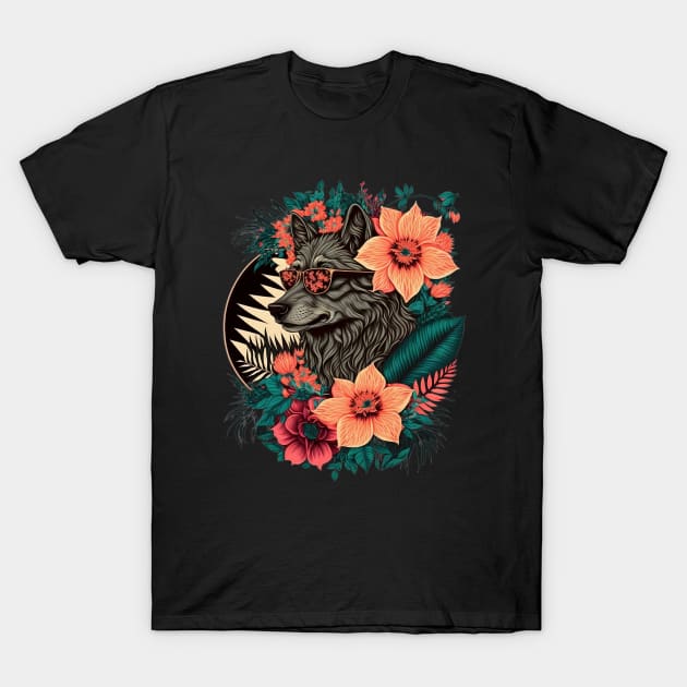 colorful wolf with flowers T-Shirt by PlayfulPrints